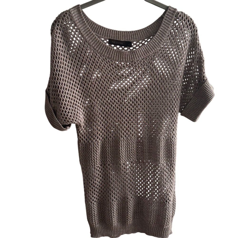 Womens Open‎ Knit Short Sleeve Sweater Taupe Metallic Mesh Coastal Chic Size S - Picture 2 of 6